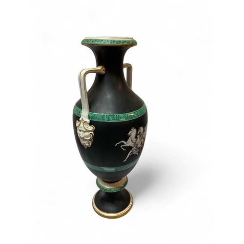 477 - A Victorian Staffordshire twin handled vase. Possibly Samuel Alcock, circa 1850, in the Greek taste,... 