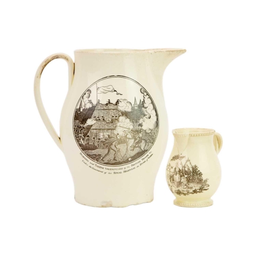 482 - Two creamware jugs. Early 19th century, the larger example printed with 'Storming and taking Valenci... 