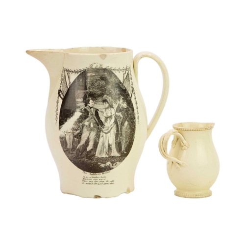 482 - Two creamware jugs. Early 19th century, the larger example printed with 'Storming and taking Valenci... 