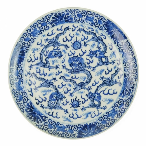 497 - A Chinese blue and white porcelain plate, Qianlong period, 18th century. With five dragons chasing t... 