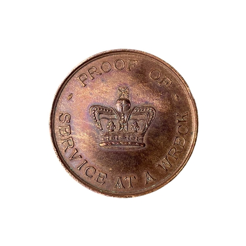 5 - A Board of Trade rocket apparatus bronze token. For proof of service at a wreck, diameter 3.5cm.