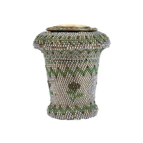 57 - A beadwork decorated treen pot. 19th century, the threaded lid with painted porcelain portrait plaqu... 