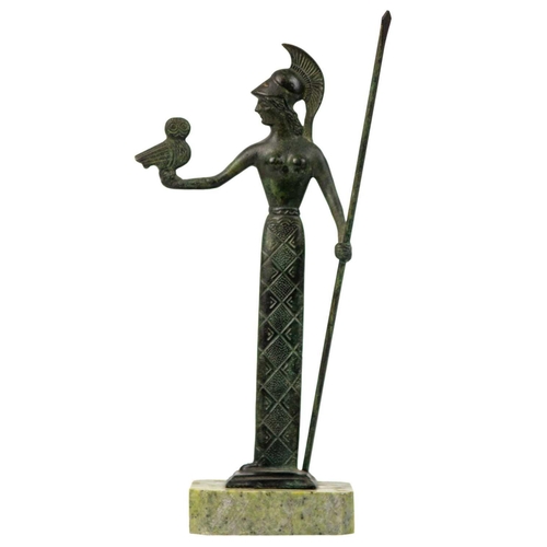 59 - A bronze figure of Athena on a marble base. With spear and owl, height 26cm.