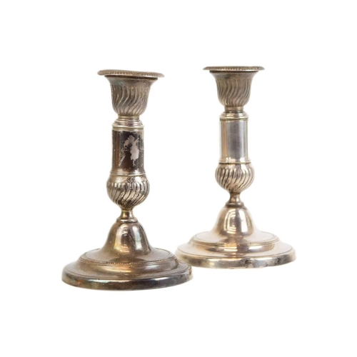 62 - A pair of late George III white metal telescopic candlesticks Possibly nickel? with knopped gadroone... 