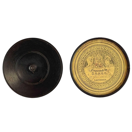 96 - A turned treen wax seal sample box. With impressed wax seal engraved by Seare 32 Gracechurch Street ... 