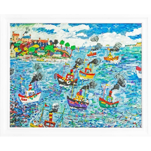 101 - § Simeon STAFFORD (1956) Tug Boats at Sea Oil on canvas, signed, 120 x 150cm, 133 x 166cm framed. Ex... 