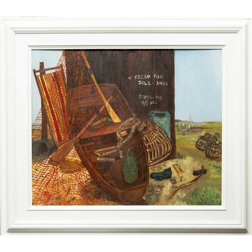 168 - § Fred YATES (1922-2008) Fishing Boat with Nets Oil on board, 44 x 54cm, 63 x 73cm. Purchased 2019 f... 