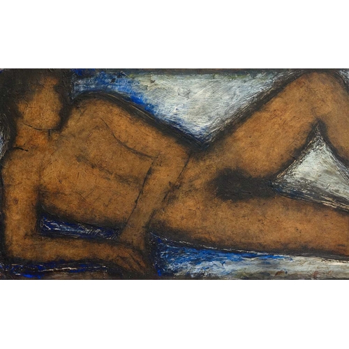 214 - § John EMANUEL (1930-2024) Reclining Male Figure Oil on board, signed, further signed and inscribed ... 