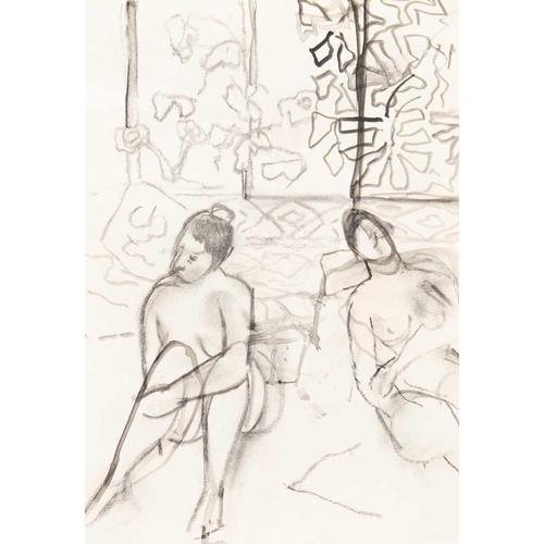 263 - § Rose HILTON (1931-2019) Two Figures Charcoal and ink on paper, 30 x 21cm, 40.5 x 31cm framed.