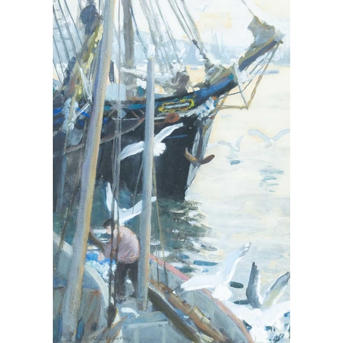 31 - Ernest PROCTER (1886-1935) Schooner in Harbour, Newlyn, 1914 Gouache on paper, signed and dated '14,... 