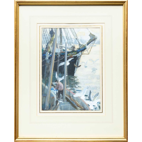 31 - Ernest PROCTER (1886-1935) Schooner in Harbour, Newlyn, 1914 Gouache on paper, signed and dated '14,... 