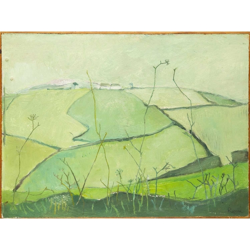 8 - § Romi BEHRENS (1939-2019) Fields, West Cornwall Oil on board, signed, personal inscription to verso... 