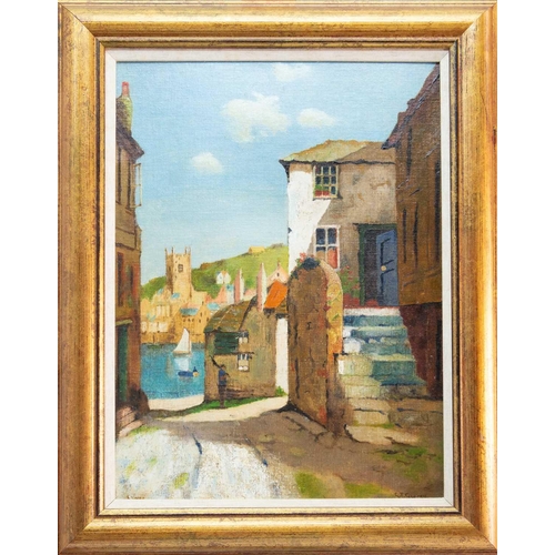 93 - George TURLAND GOOSEY (1877-1947 Glimpse of the Harbour, St Ives  Oil on canvas board, signed and ti... 