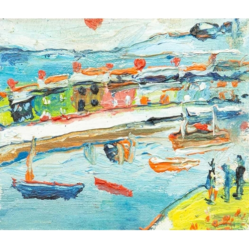 98 - § Fred YATES (1922-2008) Cornish Seaside Village Oil on board, signed verso, 10cm x 11.5cm, 16cm x 1... 