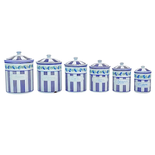 107 - A set of French enamel graduated storage pots. 20th century, of striped design with a floral border,... 