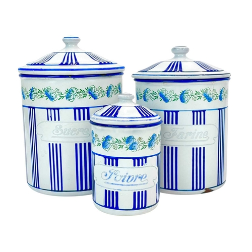 107 - A set of French enamel graduated storage pots. 20th century, of striped design with a floral border,... 