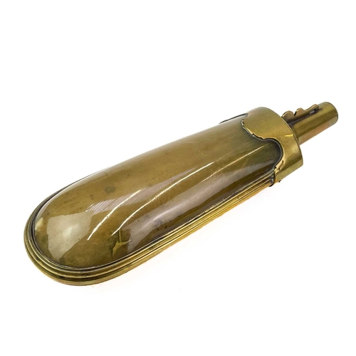 125 - A brass mounted horn powder flask. Circa 1820, with removable tapered cap, length 17cm.