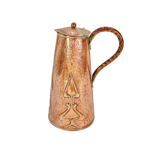 126 - A J&F Pool, Hayle copper conical hot water jug. Circa 1920, with repousse stylised flower decoration... 