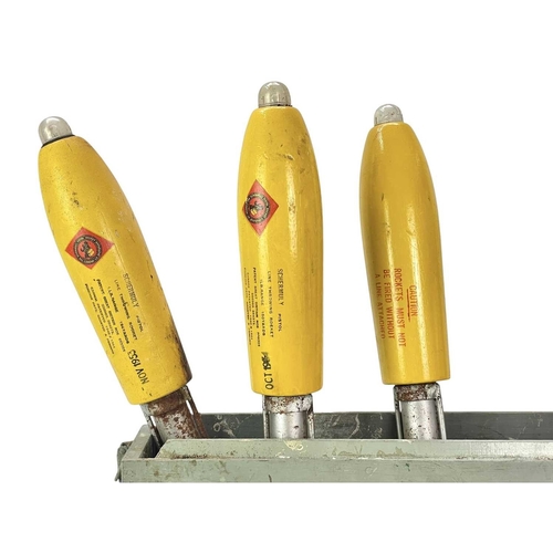 166 - Four Schermuly line-throwing rockets. Three are contained in a fitted carry case, each length 59cm.