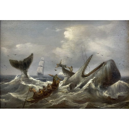 168 - Two maritime paintings. 20th century, Man O' War and whalers, monogrammed TH, oil on panel, each 11.... 