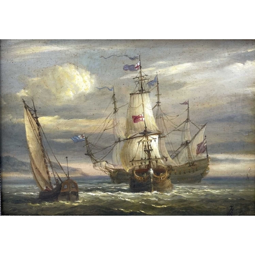 168 - Two maritime paintings. 20th century, Man O' War and whalers, monogrammed TH, oil on panel, each 11.... 