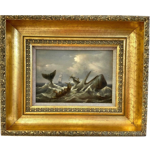 168 - Two maritime paintings. 20th century, Man O' War and whalers, monogrammed TH, oil on panel, each 11.... 