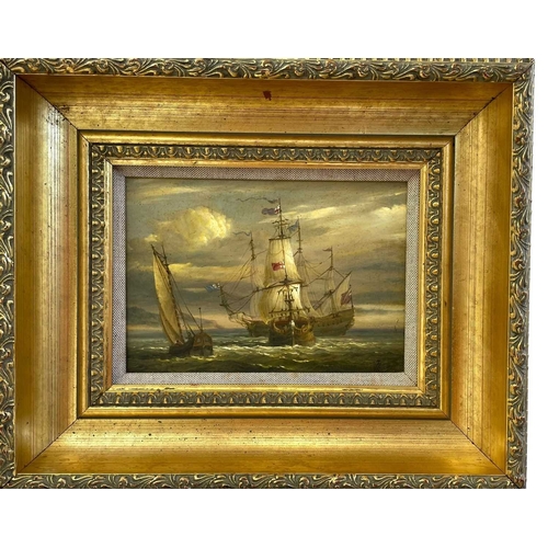 168 - Two maritime paintings. 20th century, Man O' War and whalers, monogrammed TH, oil on panel, each 11.... 