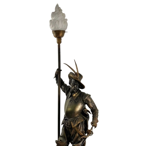 18 - A substantial bronze cavalier floor lamp. French, circa 1910, the lamp with an opaque flame glass sh... 