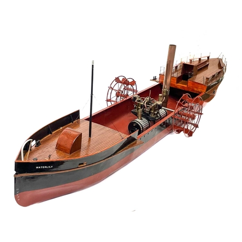 181 - A Scratch built model paddle steamer 'Waterlilly'. Mid 20th century, with a painted tin hull and pla... 