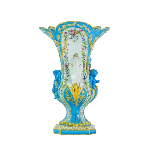 192 - A Sevres ornate bleu celeste vase. 18th century, moulded in relief with four cherubs emblematic of t... 