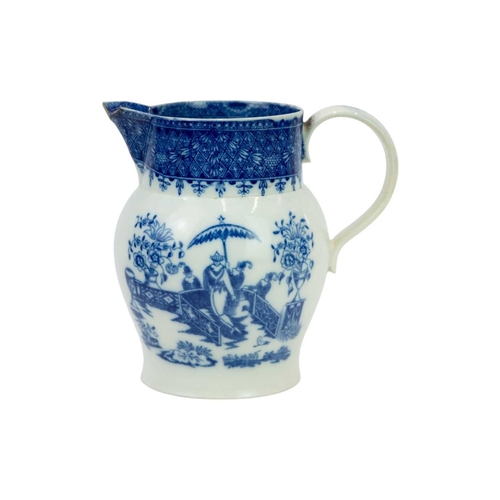 207 - An early Cambrian pottery pearlware jug. Transfer printed in blue with the precarious Chinaman patte... 