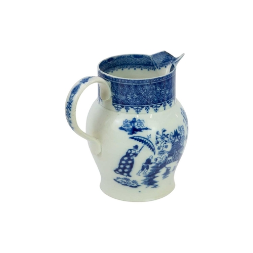 207 - An early Cambrian pottery pearlware jug. Transfer printed in blue with the precarious Chinaman patte... 