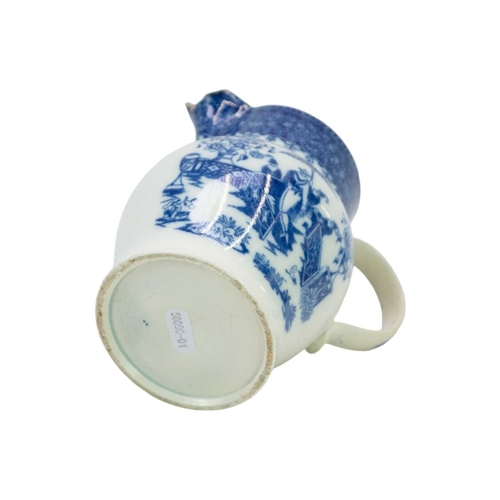 207 - An early Cambrian pottery pearlware jug. Transfer printed in blue with the precarious Chinaman patte... 