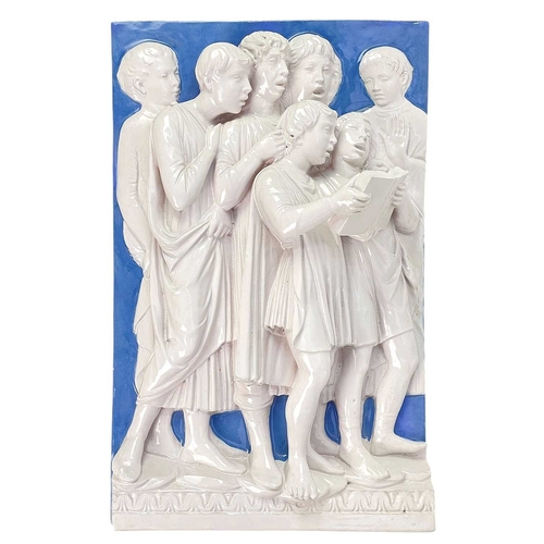 211 - After Della Robbia, A pottery wall plaque. Possibly Cantigalli, circa 1900, moulded in relief with a... 