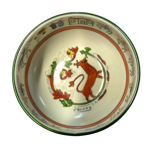 231 - A Porsgrund Norge wedding procession bowl. Porcelain, handpainted red exterior with floral rim and a... 