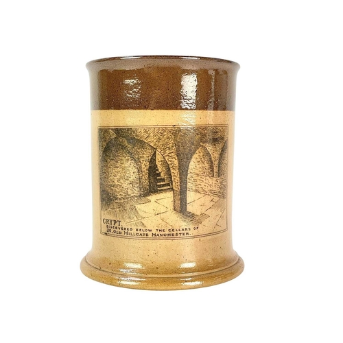 237 - A Doulton stoneware cylindrical pot. Transfer printed decoration, 'Crypt Discovered Below The Cellar... 