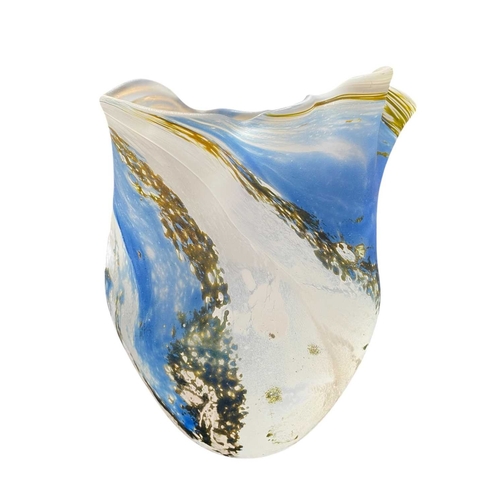 243 - Lesley Clarke, An art glass vase. With a crimped uneven rim, decorated a wave effect, signed and dat... 