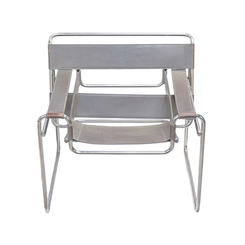 255 - A Wassily type chrome and grey leather armchair After the design by Marcel Breuer, height 73cm, widt... 