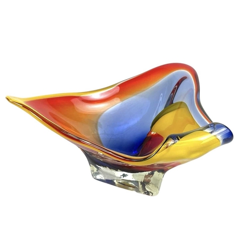 257 - An Iwatsu glassworks Hineri bowl. 26cm wide, polished pontil to the base, with a Murano red glass bo... 