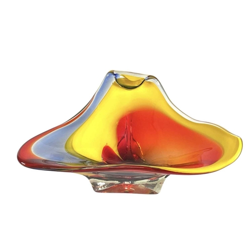 257 - An Iwatsu glassworks Hineri bowl. 26cm wide, polished pontil to the base, with a Murano red glass bo... 