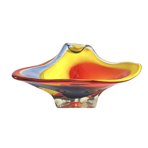 257 - An Iwatsu glassworks Hineri bowl. 26cm wide, polished pontil to the base, with a Murano red glass bo... 