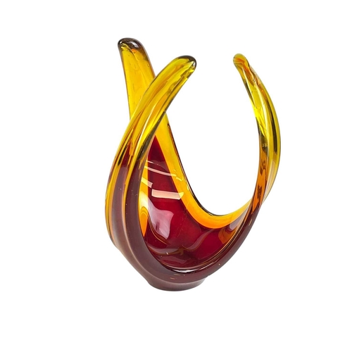 257 - An Iwatsu glassworks Hineri bowl. 26cm wide, polished pontil to the base, with a Murano red glass bo... 