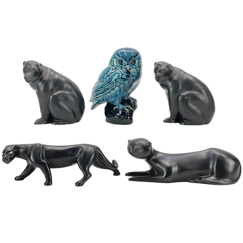 265 - Four stylised pottery animals. The panther is by Ulrome 9cm in height, with original sticker, the be... 