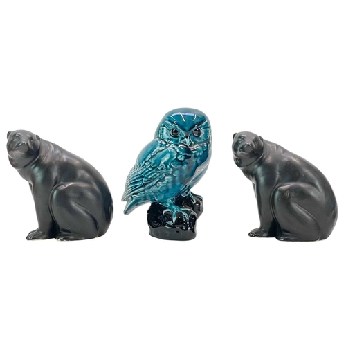 265 - Four stylised pottery animals. The panther is by Ulrome 9cm in height, with original sticker, the be... 