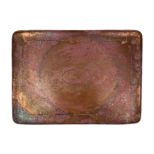 27 - Two Newlyn copper rectangular trays Each with a central cartouche, stamped Newlyn, the smaller of wh... 