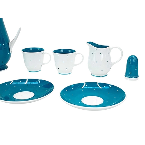 281 - A Susie Cooper mid century spotty coffee service. Including a coffee pot and cover, five cups and sa... 