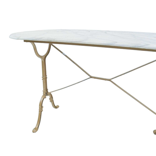 329 - A marble top conservatory/garden table. The base with cast iron ends, height 72cm, width 120cm, dept... 