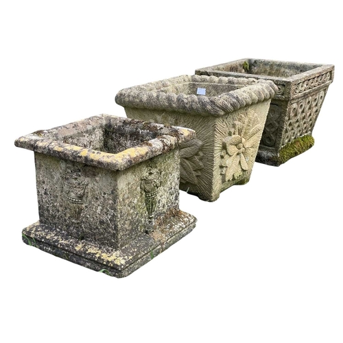 336 - Three assorted square reconstituted stone planters. Largest height 26cm, 31cm square.