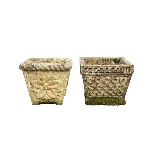 336 - Three assorted square reconstituted stone planters. Largest height 26cm, 31cm square.