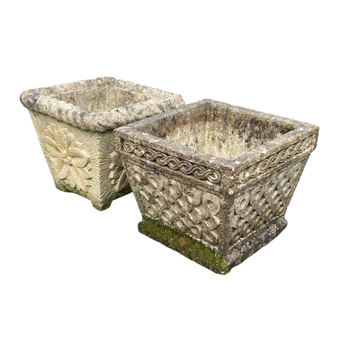 336 - Three assorted square reconstituted stone planters. Largest height 26cm, 31cm square.